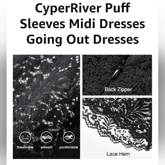 Lace Floral V-Neck Dress with Puff Sleeves and Back Zipper #1001 - Picture 10 of 12